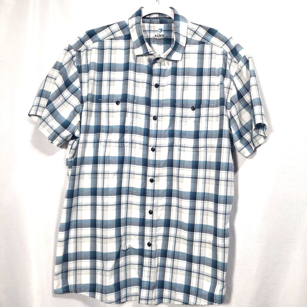 Kuhl Mens Xl Button Up Plaid Short Sleeve Shirt Taper Fit Pockets Collar